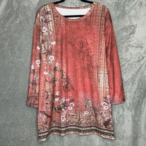 Amazon 3X Shirt Top Red Floral Flower 3/4 Sleeve Scoop Neck Knit Womens